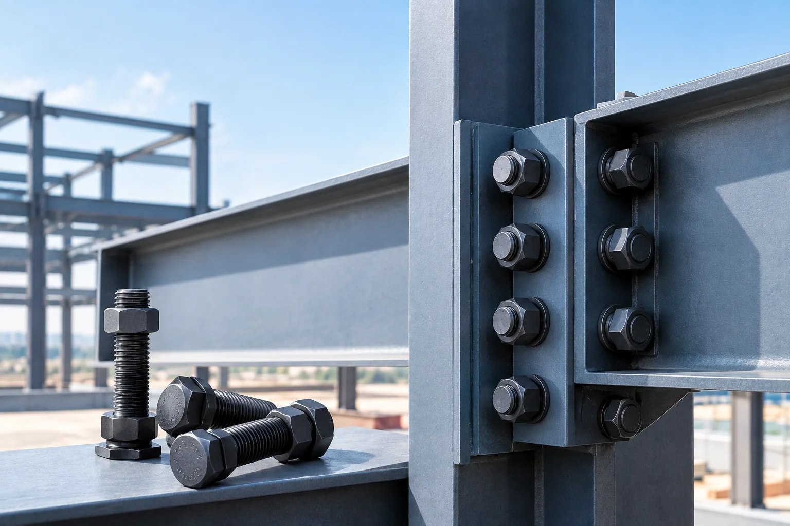 HSFG bolts securing a structural steel connection with high-strength bolted joints
