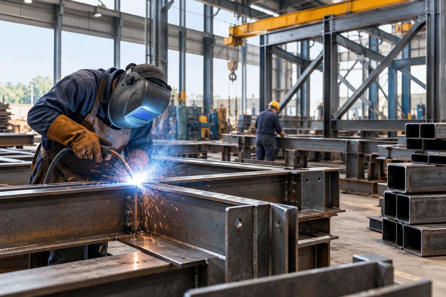 Steel fabrication workshop with worker welding structural steel beams