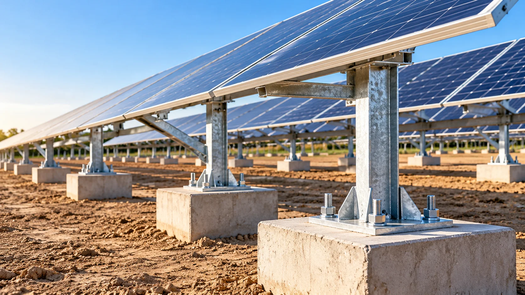 Foundation anchor bolts securing solar panel mounting structures to concrete foundations