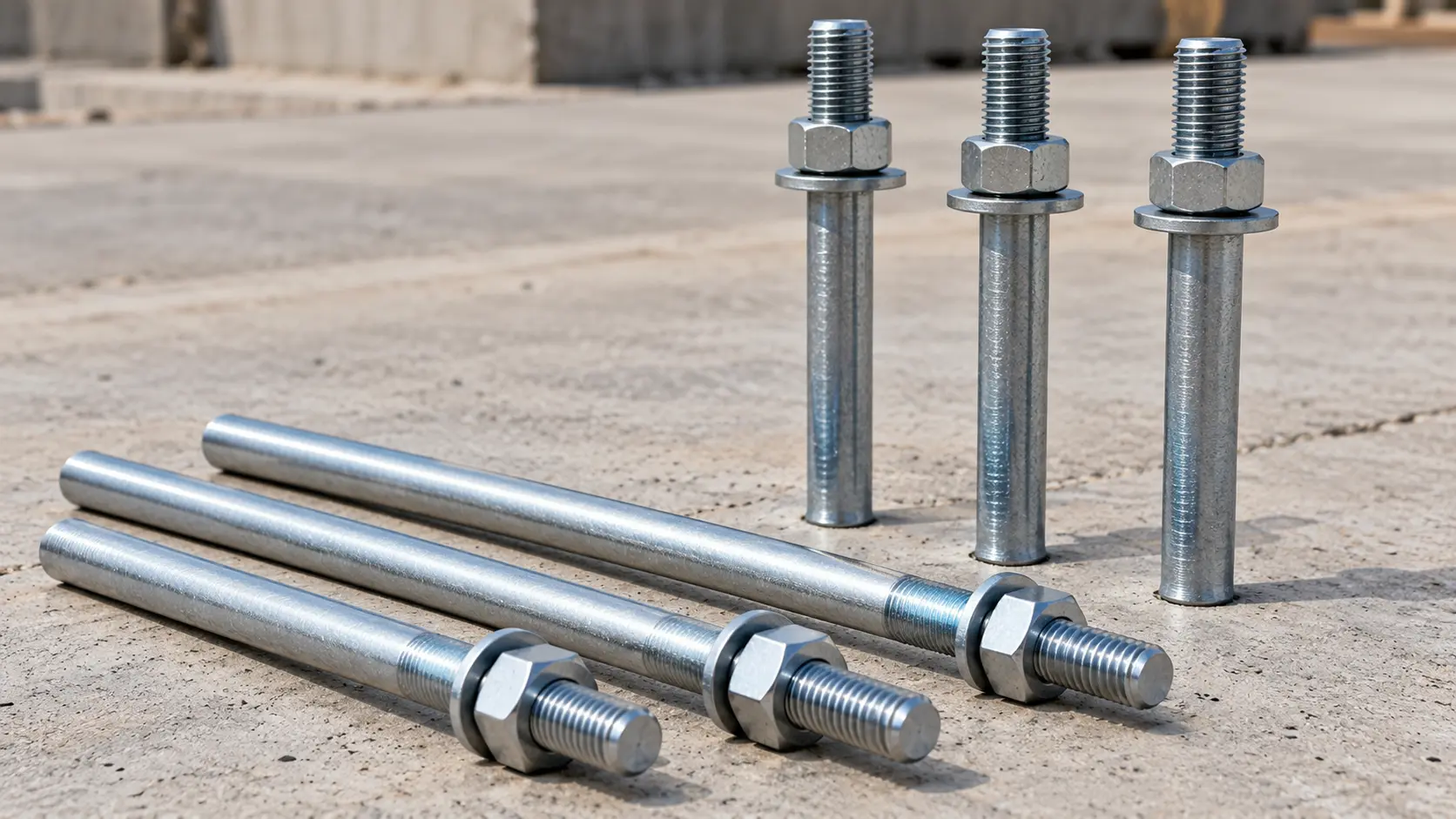 Straight galvanized steel anchor bolts with threaded ends, nuts, and washers arranged on a concrete surface