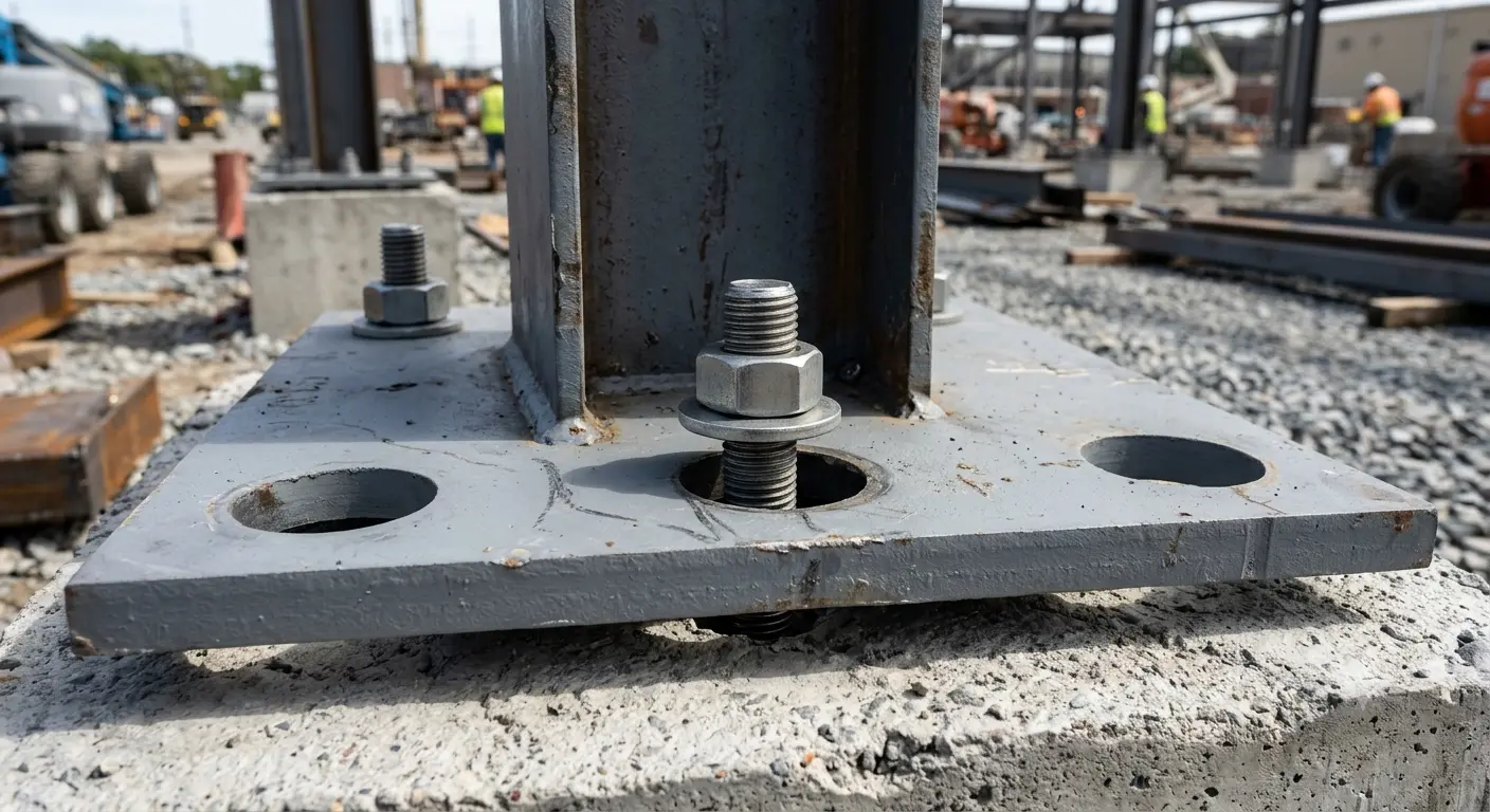 Oversized anchor bolt holes in a steel column base plate with anchor bolts, nuts, and washers on a concrete foundation