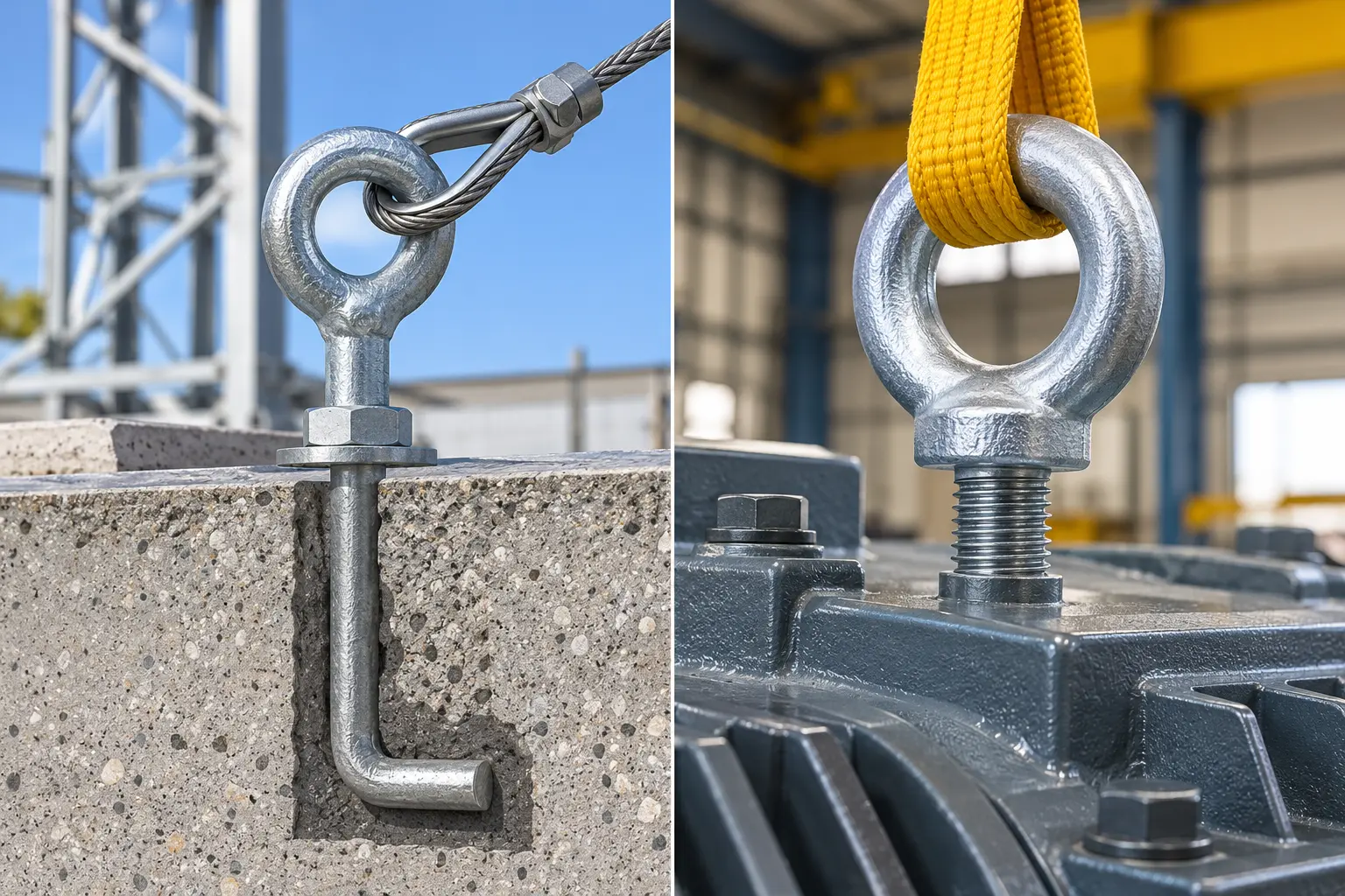 Eye foundation bolt and lifting eye bolt for industrial applications