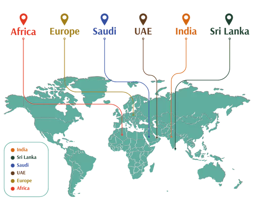 E S HAJI & CO export map – foundation bolt and steel fabrication supplier to India, UAE, Saudi Arabia, Africa and Europe